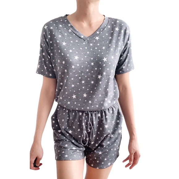 STAR PRINT MATCHING TOP AND SHORTS - DARK GRAY WHITE - Picture 6 of 9